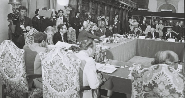 Under topmødet i Venedig, heriblandt den danske statsminister, Anker Jørgensen.